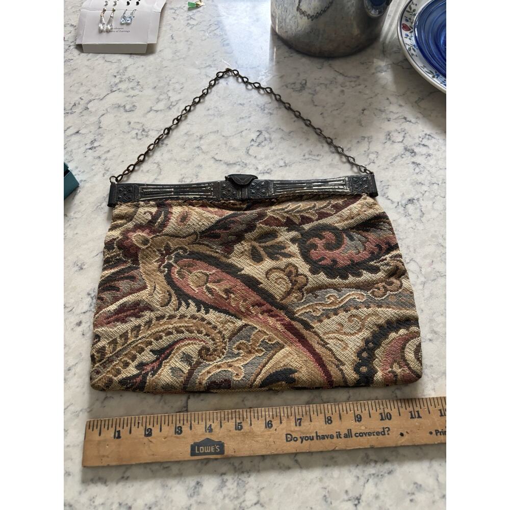 ANTIQUE FLORAL TAPESTRY CARPET BAG PURSE FOLDING METAL FRAME CHAIN HANDLE